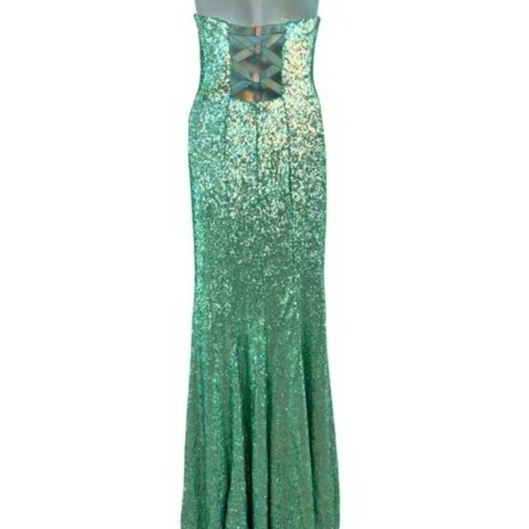 Colors Aqua Mint Green Sequin Cross Back Strapless Gown - Picture 3 of 5